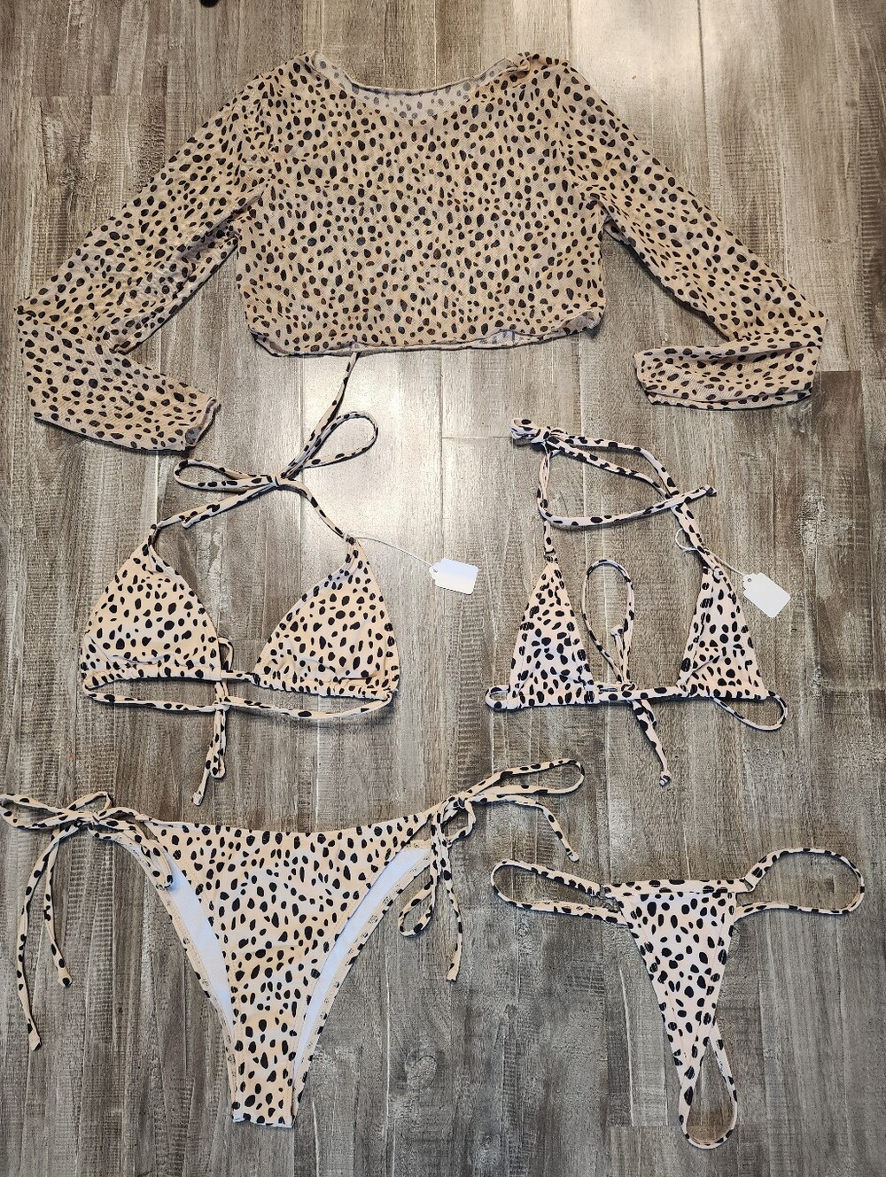 SHEIN Beige Leopard Print Bikini Set with Long Sleeve Crop Top